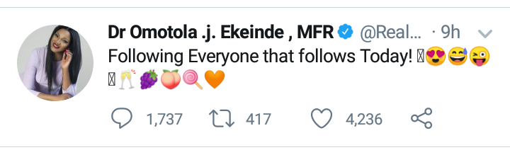 Omotola reveals she will follow anybody who newsly follows her on Twitter