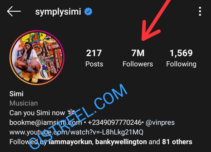 Screenshot of Simi's 7 million Instagram followers