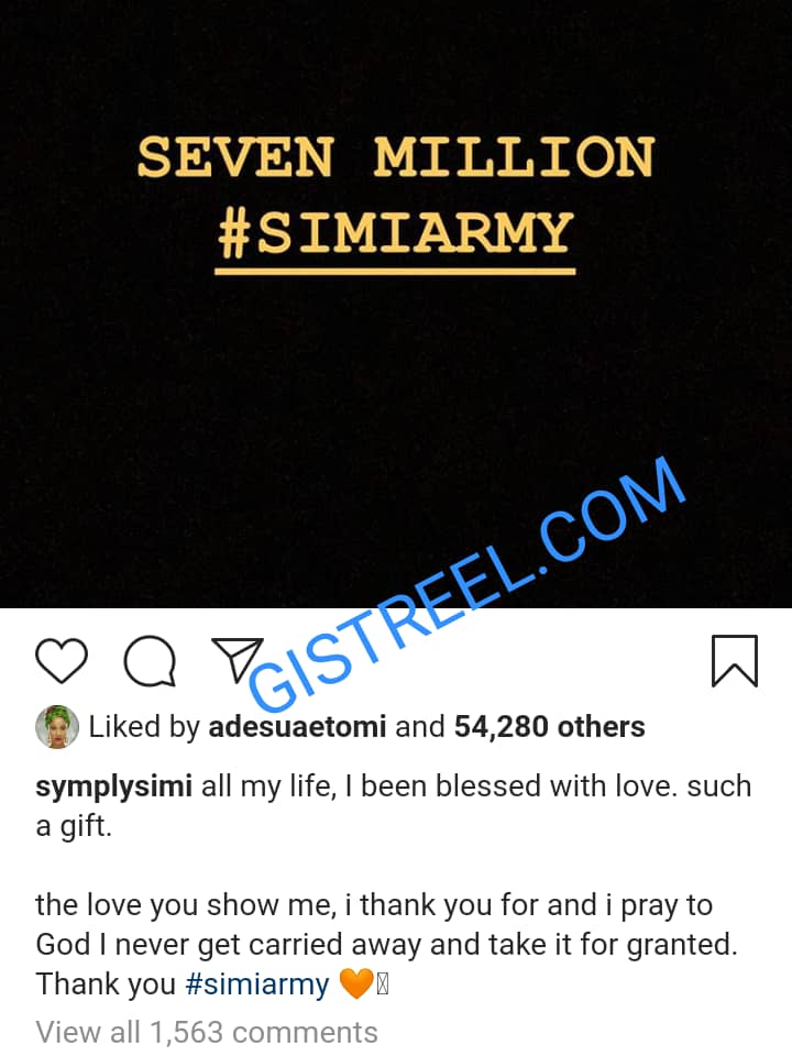 Simi appreciates her fans as she hits 7 million followers on Instagram