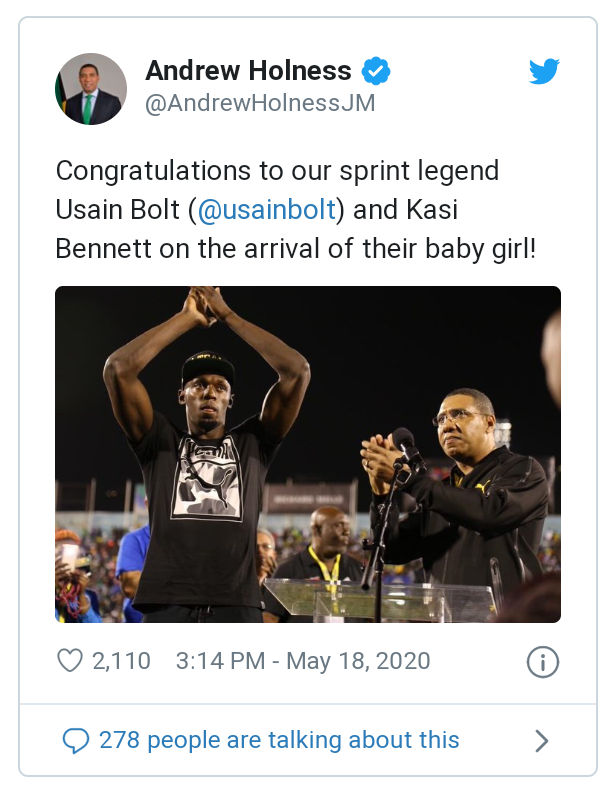 Jamaican Prime Minister congratulate Ussain Bolt on the birth of his newborn baby