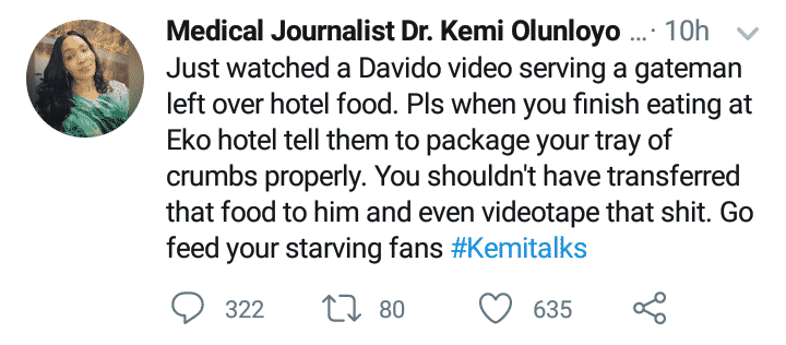 Kemi Olunloyo blasts Davido for feeding gateman with leftover food
