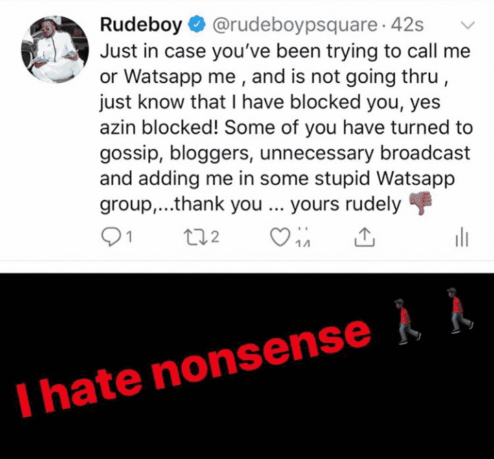 Rudeboy blocks several friends from calling him