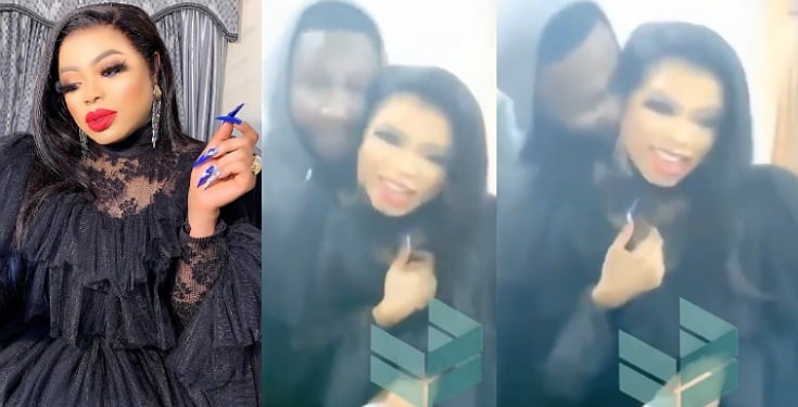 Bobrisky all smiles as male fan kisses him at a party