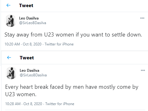 Leo Dasilva's tweet advising men to stay away from under 23 women