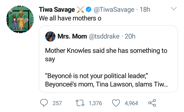 Tiwa replies Beyonce's mom